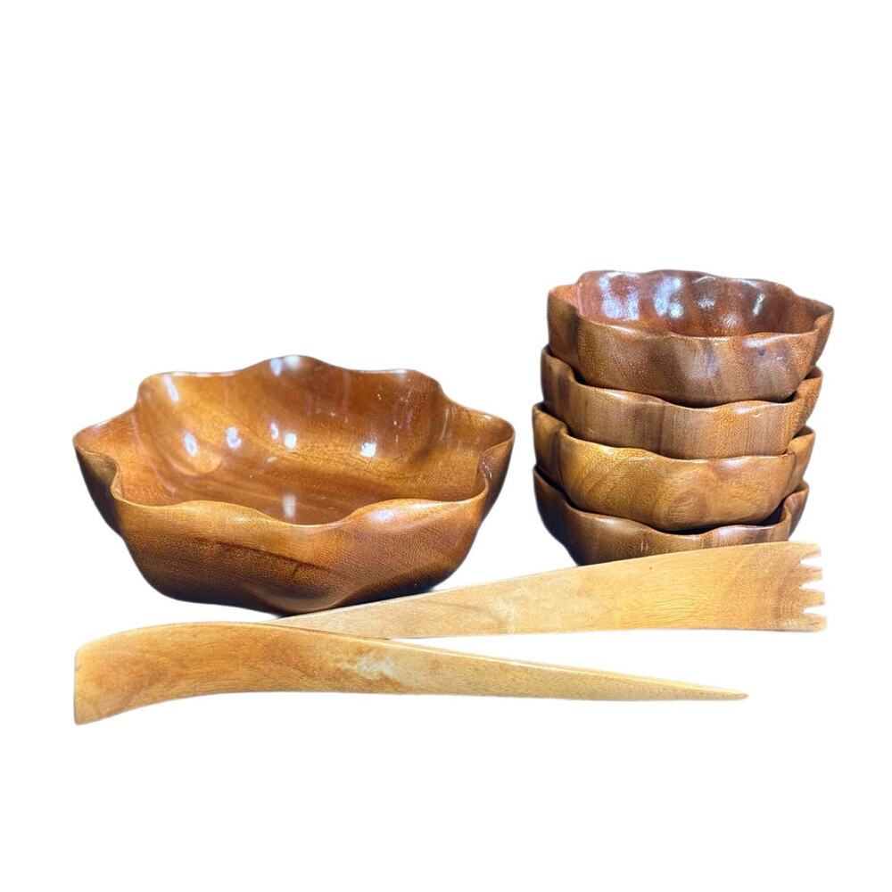 Vintage Hawaiian Monkey Pod Acacia Serving Bowl, 4 Salad Bowls, & Tong Set MCM